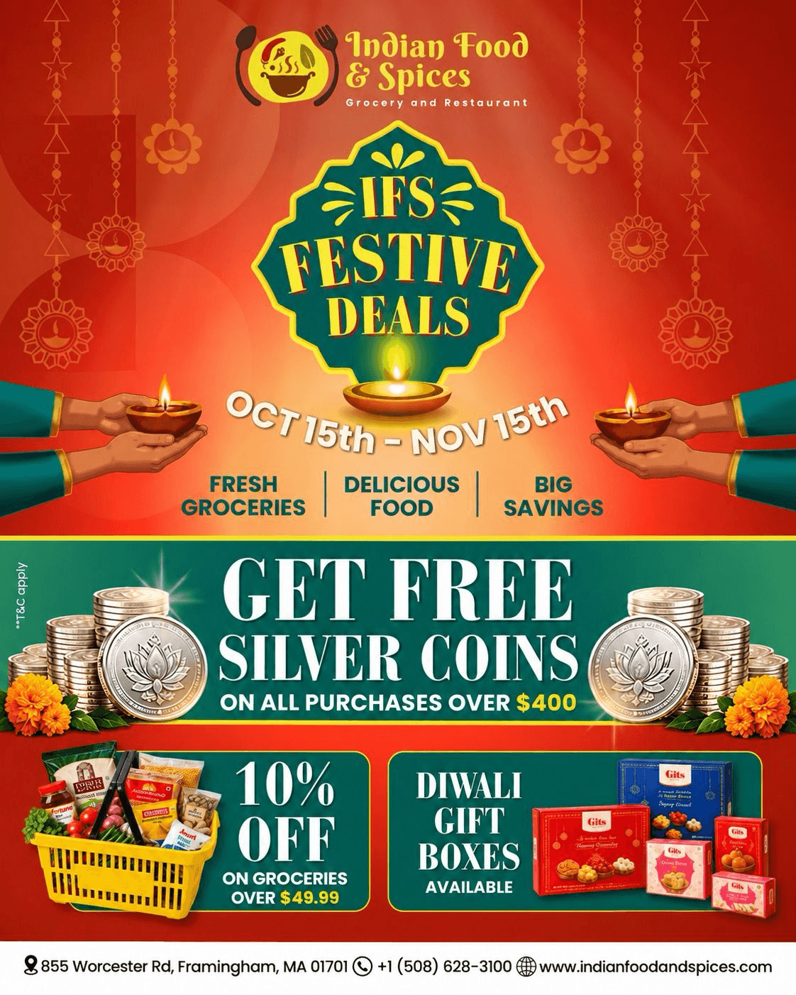 IFS Festive Deals poster, October 15 to November 15: free silver coins on all purchases over $400, 10% off on groceries over $49.99, and Diwali gift boxes available. Terms and conditions apply.